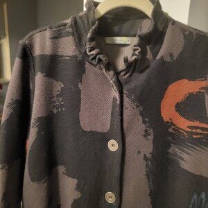 Abstract print jacket, artsy cardigan, unique jacket, textured knit, ruffle coll